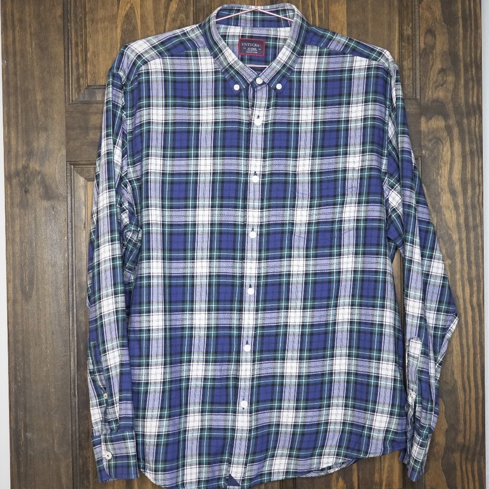 Untuckit Blue Plaid Long Sleeve Button Mens Shirt